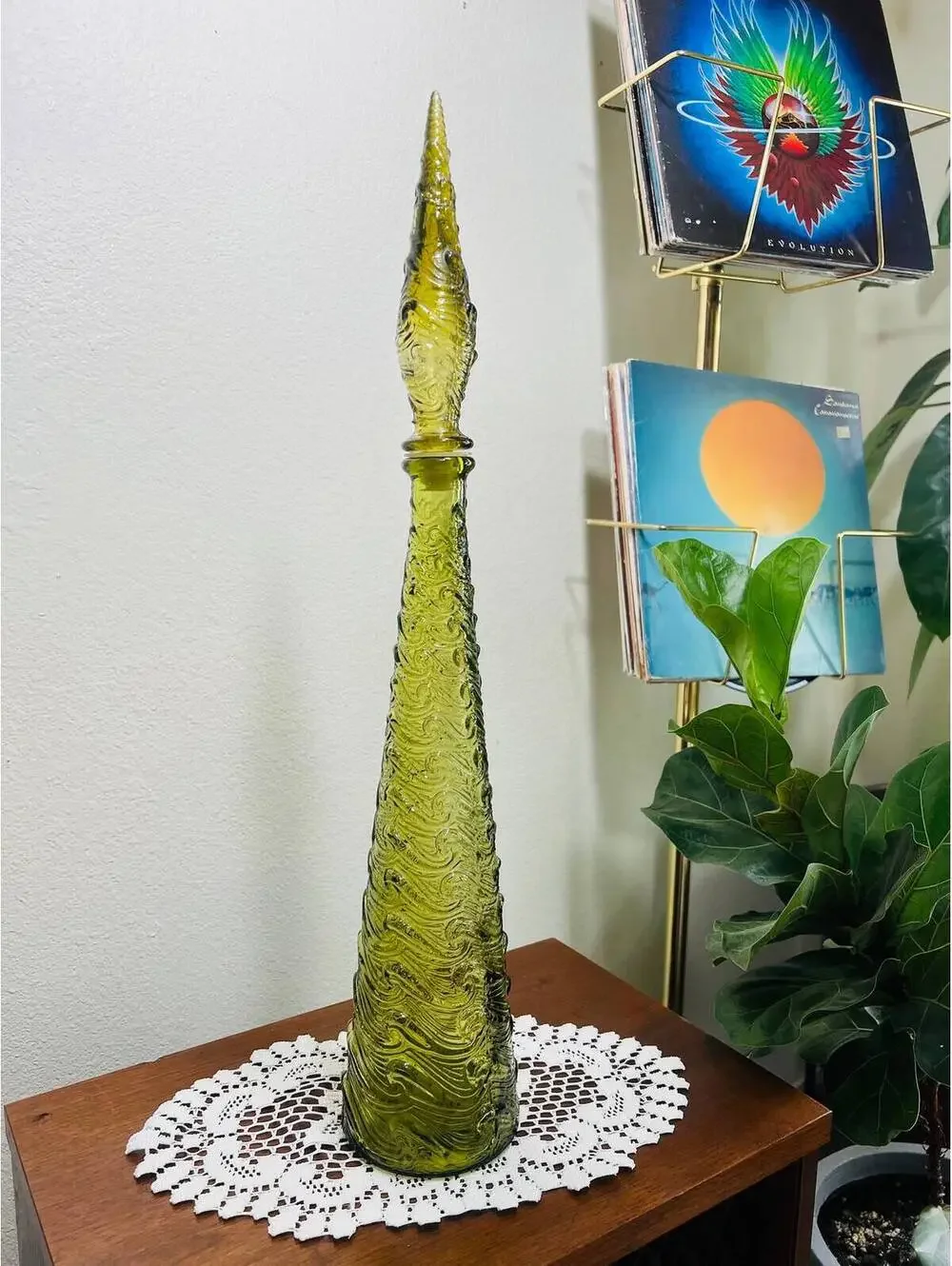 Vintage 1960s Wave Empoli Italy Decanter in Rare Olive Green